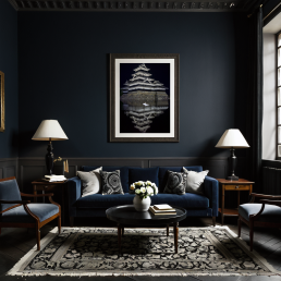 An Art Wall Room Mockup generated with AI for Print On Demand Seller. The mockup features a Dark Accademia Style Living Room with a framed photography print of the Matsumoto Castle at night on the wall