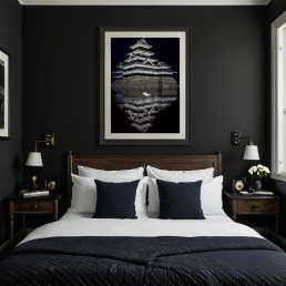 An Art Wall Room Mockup generated with AI for Print On Demand Seller. The mockup features a Dark Accademia Style Bedroom with a framed photography print of the Matsumoto Castle at night on the wall