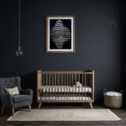 An Art Wall Room Mockup generated with AI for Print On Demand Seller. The mockup features a Dark Accademia Style Nursery Room with a framed photography print of the Matsumoto Castle at night on the wall