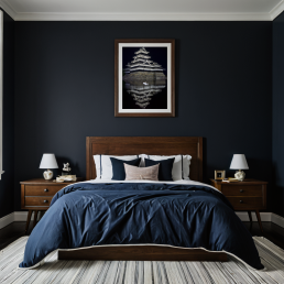 An Art Wall Room Mockup generated with AI for Print On Demand Seller. The mockup features a Dark Accademia Style Kids Bedroom with a framed photography print of the Matsumoto Castle at night on the wall