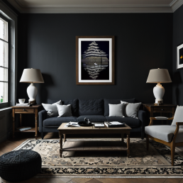 An Art Wall Room Mockup generated with AI for Print On Demand Seller. The mockup features a Dark Accademia Style Living Room with a framed photography print of the Matsumoto Castle at night on the wall