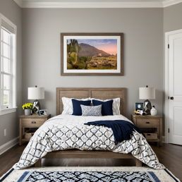 An Art Wall Room Mockup generated with AI for Print On Demand Seller. The mockup features a Modern Farmhouse Style Kids Bedroom with a framed photography print of a the Teotihuacan Pyramids and Cactus at sunrise on the wall
