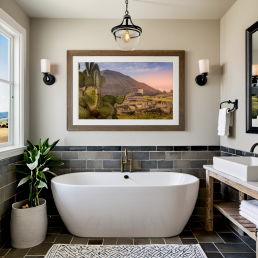 An Art Wall Room Mockup generated with AI for Print On Demand Seller. The mockup features a Modern Farmhouse Style Bathroom with a framed photography print of a the Teotihuacan Pyramids and Cactus at sunrise on the wall