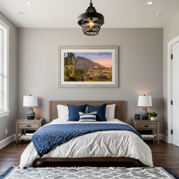 An Art Wall Room Mockup generated with AI for Print On Demand Seller. The mockup features a Modern Farmhouse Style Kids Bedroom with a framed photography print of a the Teotihuacan Pyramids and Cactus at sunrise on the wall