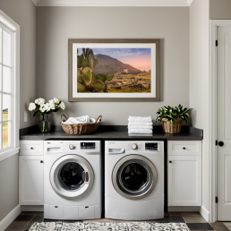 An Art Wall Room Mockup generated with AI for Print On Demand Seller. The mockup features a Modern Farmhouse Style Laundry Room with a framed photography print of a the Teotihuacan Pyramids and Cactus at sunrise on the wall