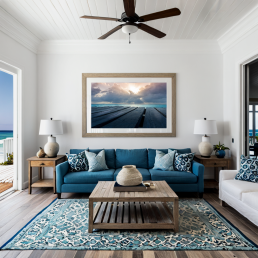 An Art Wall Room Mockup generated with AI for Print On Demand Seller. The mockup features a Coastal Style Living Room with a framed photography print of a cloudy sunset over a Caribean Sea on the wall