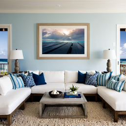 An Art Wall Room Mockup generated with AI for Print On Demand Seller. The mockup features a Coastal Style Living Room with a framed photography print of a cloudy sunset over a Caribean Sea on the wall