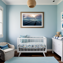 An Art Wall Room Mockup generated with AI for Print On Demand Seller. The mockup features a Coastal Style Nursery room with a framed photography print of a cloudy sunset over a Caribean Sea on the wall