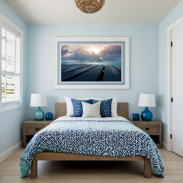 An Art Wall Room Mockup generated with AI for Print On Demand Seller. The mockup features a Coastal Style Kids Bedroom with a framed photography print of a cloudy sunset over a Caribean Sea on the wall