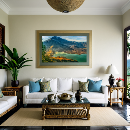 An Art Wall Room Mockup generated with AI for Print On Demand Seller. The mockup features a Balinese Style Living Room with a framed photography print of the Rinjani Volcano Rim at sunrise on the wall