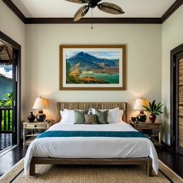 An Art Wall Room Mockup generated with AI for Print On Demand Seller. The mockup features a Balinese Style Bedroom with a framed photography print of the Rinjani Volcano Rim at sunrise on the wall