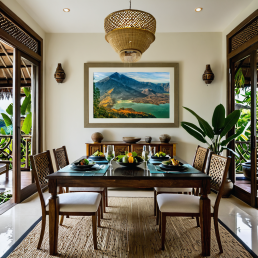 An Art Wall Room Mockup generated with AI for Print On Demand Seller. The mockup features a Balinese Style Dining Room with a framed photography print of the Rinjani Volcano Rim at sunrise on the wall