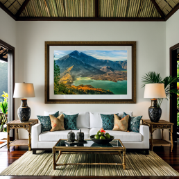 An Art Wall Room Mockup generated with AI for Print On Demand Seller. The mockup features a Balinese Style Living Room with a framed photography print of the Rinjani Volcano Rim at sunrise on the wall