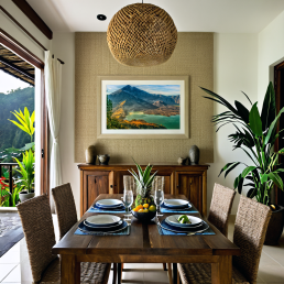 An Art Wall Room Mockup generated with AI for Print On Demand Seller. The mockup features a Balinese Style Dining Room with a framed photography print of the Rinjani Volcano Rim at sunrise on the wall
