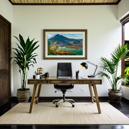 An Art Wall Room Mockup generated with AI for Print On Demand Seller. The mockup features a Balinese Style Home Office Room with a framed photography print of the Rinjani Volcano Rim at sunrise on the wall