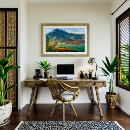 An Art Wall Room Mockup generated with AI for Print On Demand Seller. The mockup features a Balinese Style Home Office Room with a framed photography print of the Rinjani Volcano Rim at sunrise on the wall