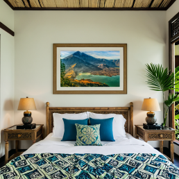 An Art Wall Room Mockup generated with AI for Print On Demand Seller. The mockup features a Balinese Style Bedroom with a framed photography print of the Rinjani Volcano Rim at sunrise on the wall