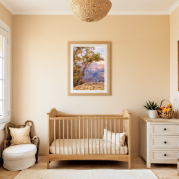 An Art Wall Room Mockup generated with AI for Print On Demand Seller. The mockup features a Mediterranean Style Nursery Room with a framed photography print of the Grand Canyon on the wall