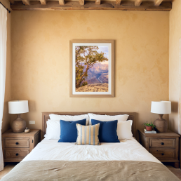 An Art Wall Room Mockup generated with AI for Print On Demand Seller. The mockup features a Mediterranean Style Bedroom with a framed photography print of the Grand Canyon on the wall