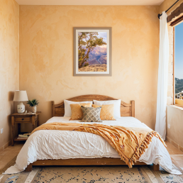 An Art Wall Room Mockup generated with AI for Print On Demand Seller. The mockup features a Mediterranean Style Kids Bedroom with a framed photography print of the Grand Canyon on the wall