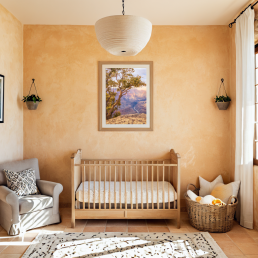 An Art Wall Room Mockup generated with AI for Print On Demand Seller. The mockup features a Mediterranean Style Nursery Room with a framed photography print of the Grand Canyon on the wall