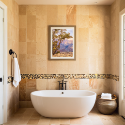 An Art Wall Room Mockup generated with AI for Print On Demand Seller. The mockup features a Mediterranean Style Bathroom with a framed photography print of the Grand Canyon on the wall