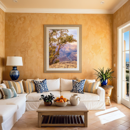 An Art Wall Room Mockup generated with AI for Print On Demand Seller. The mockup features a Mediterranean Style Living Room with a framed photography print of the Grand Canyon on the wall