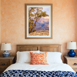 An Art Wall Room Mockup generated with AI for Print On Demand Seller. The mockup features a Mediterranean Style Kids Bedroom with a framed photography print of the Grand Canyon on the wall