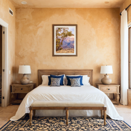 An Art Wall Room Mockup generated with AI for Print On Demand Seller. The mockup features a Mediterranean Style Bedroom with a framed photography print of the Grand Canyon on the wall
