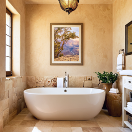 An Art Wall Room Mockup generated with AI for Print On Demand Seller. The mockup features a Mediterranean Style Bathroom with a framed photography print of the Grand Canyon on the wall