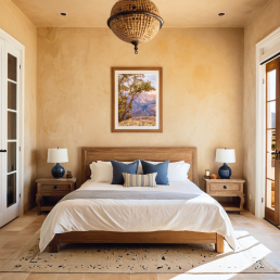 An Art Wall Room Mockup generated with AI for Print On Demand Seller. The mockup features a Mediterranean Style Bedroom with a framed photography print of the Grand Canyon on the wall
