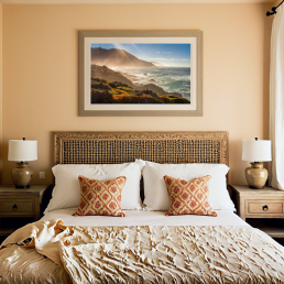 An Art Wall Room Mockup generated with AI for Print On Demand Seller. The mockup features a Mediterranean Style Bedroom with a framed photography print of the Pacific Coastline on the wall