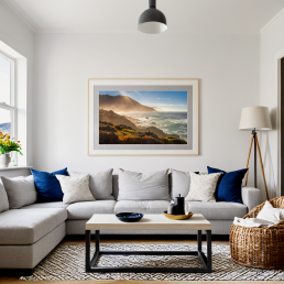 An Art Wall Room Mockup generated with AI for Print On Demand Seller. The mockup features a Scandinavian Style Living Room with a framed photography print of the Pacific Coastline on the wall