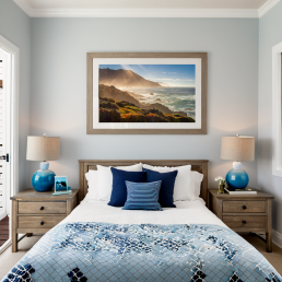 An Art Wall Room Mockup generated with AI for Print On Demand Seller. The mockup features a Coastal Style Kids Bedroom with a framed photography print of the Pacific Coastline on the wall