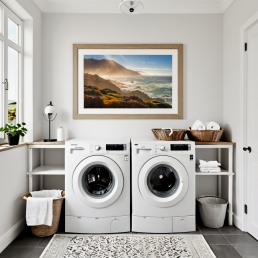 An Art Wall Room Mockup generated with AI for Print On Demand Seller. The mockup features a Scandinavian Style Laundry Room with a framed photography print of the Pacific Coastline on the wall