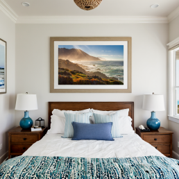 An Art Wall Room Mockup generated with AI for Print On Demand Seller. The mockup features a Coastal Style Bedroom with a framed photography print of the Pacific Coastline on the wall