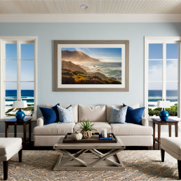 An Art Wall Room Mockup generated with AI for Print On Demand Seller. The mockup features a Coastal Style Living Room with a framed photography print of the Pacific Coastline on the wall