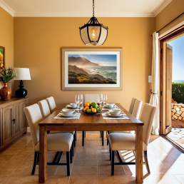 An Art Wall Room Mockup generated with AI for Print On Demand Seller. The mockup features a Mediterranean Style Dining Room with a framed photography print of the Pacific Coastline on the wall