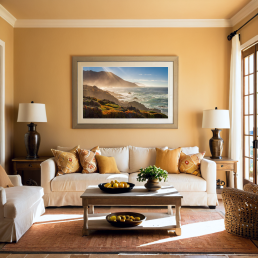 An Art Wall Room Mockup generated with AI for Print On Demand Seller. The mockup features a Mediterranean Style Living Room with a framed photography print of the Pacific Coastline on the wall