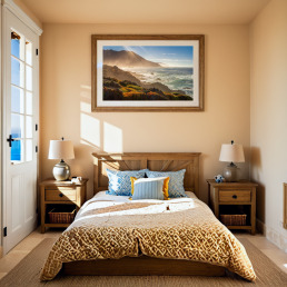An Art Wall Room Mockup generated with AI for Print On Demand Seller. The mockup features a Mediterranean Style Kids Bedroom with a framed photography print of the Pacific Coastline on the wall