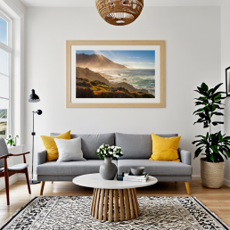 An Art Wall Room Mockup generated with AI for Print On Demand Seller. The mockup features a Scandinavian Style Living Room with a framed photography print of the Pacific Coastline on the wall