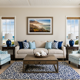 An Art Wall Room Mockup generated with AI for Print On Demand Seller. The mockup features a Coastal Style Living Room with a framed photography print of the Pacific Coastline on the wall