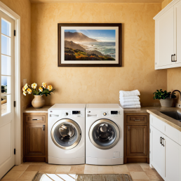 An Art Wall Room Mockup generated with AI for Print On Demand Seller. The mockup features a Mediterranean Style Laundry Room with a framed photography print of the Pacific Coastline on the wall