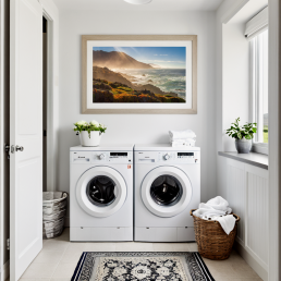 An Art Wall Room Mockup generated with AI for Print On Demand Seller. The mockup features a Scandinavian Style Laundry Room with a framed photography print of the Pacific Coastline on the wall