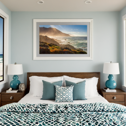 An Art Wall Room Mockup generated with AI for Print On Demand Seller. The mockup features a Coastal Style Bedroom with a framed photography print of the Pacific Coastline on the wall