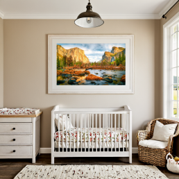 An Art Wall Room Mockup generated with AI for Print On Demand Seller. The mockup features a Farmhouse Style Nursery Room with a framed photography print of the Yosemite National Park at sunrise hanged on the wall