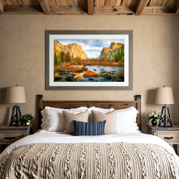 An Art Wall Room Mockup generated with AI for Print On Demand Seller. The mockup features a Farmhouse Style Bedroom with a framed photography print of the Yosemite National Park at sunrise hanged on the wall