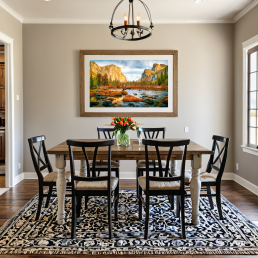 An Art Wall Room Mockup generated with AI for Print On Demand Seller. The mockup features a Farmhouse Style Dining Room with a framed photography print of the Yosemite National Park at sunrise hanged on the wall