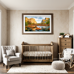 An Art Wall Room Mockup generated with AI for Print On Demand Seller. The mockup features a Farmhouse Style Nursery Room with a framed photography print of the Yosemite National Park at sunrise hanged on the wall