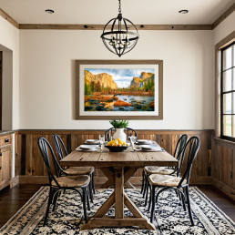 An Art Wall Room Mockup generated with AI for Print On Demand Seller. The mockup features a Farmhouse Style Dining Room with a framed photography print of the Yosemite National Park at sunrise hanged on the wall